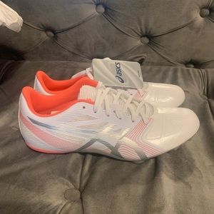 Women’s Asics hyper rocketgirl track spikes; white, silver, pink. Size 8